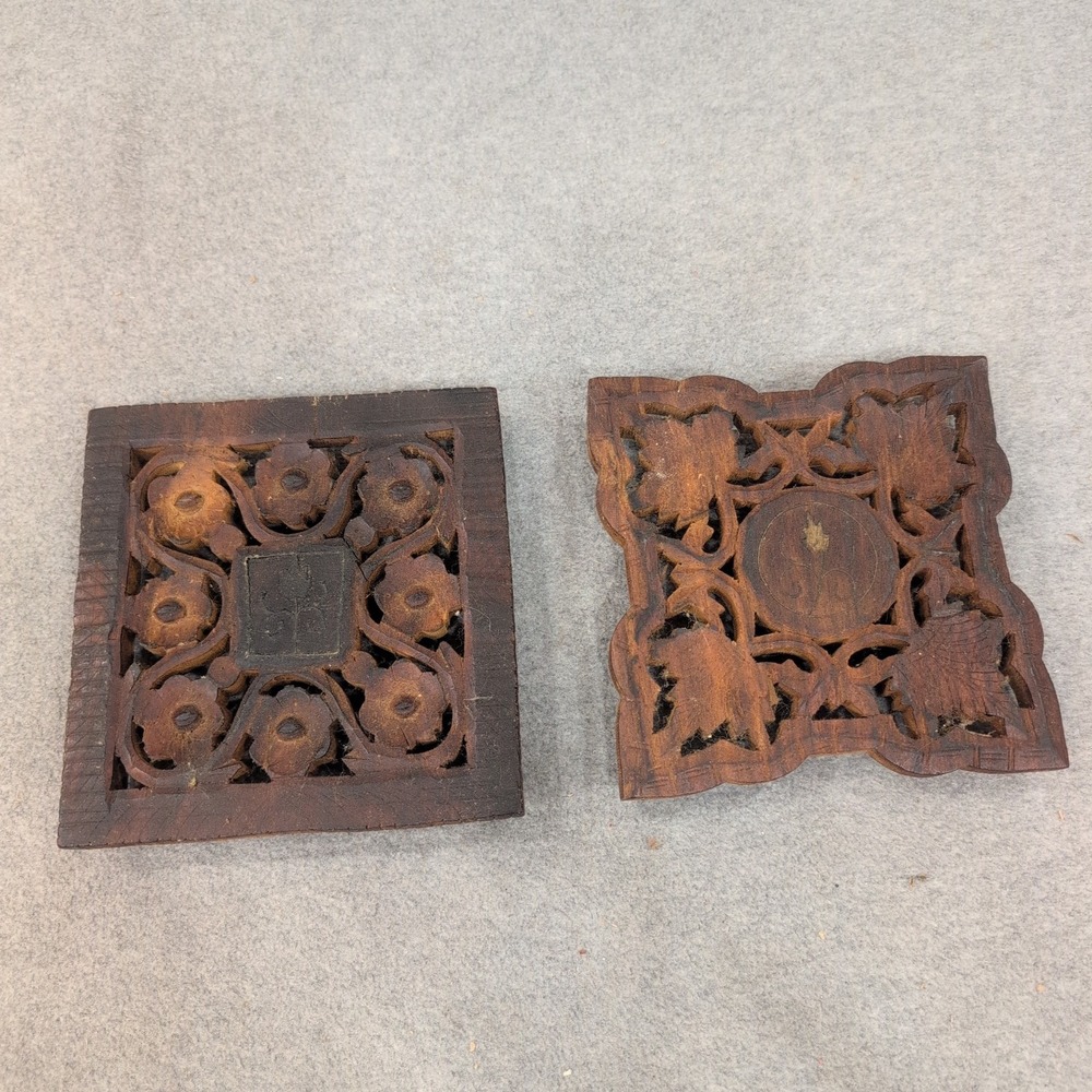 Vintage Hand Carved Sheesham Wood Trivet Set 2 Piece Floral Leaf Made in India